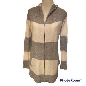 AQUA CASHMERE CARDIGAN SWEATER OPEN HOOD GRAY WHITE HOODIE LONG SLEEVE Size S